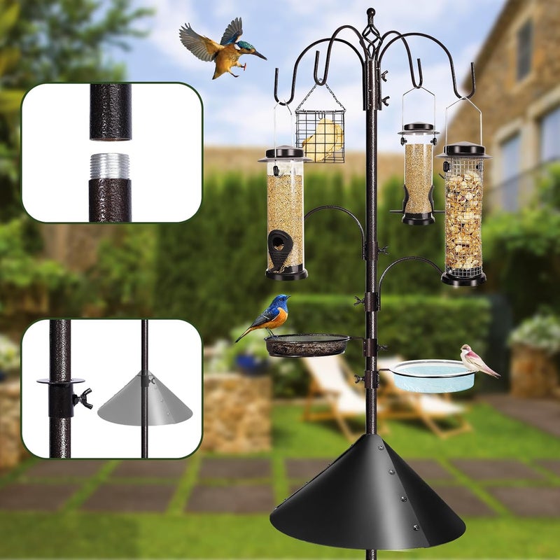 YINGYM 6-Hook Bird Feeding Station Kit Wild Bird Feeder Stand Pole, Multi-Feeder Hanging Kit Stand with Water Bowl, Mesh Tray and Squirrel Guard Baffle, 94 Inch - Image 4